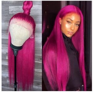 24”Hot Pink Lace Front Wig PrePlucked Hairline Glueless Synthetic Heat Resistant